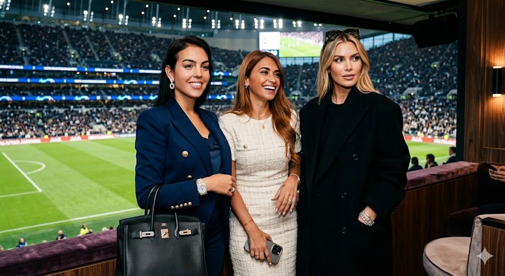 Foto realistik tiga wanita ikonik WAGs sepakbola modern di boks VIP stadion. Di kiri, wanita berambut hitam mengenakan blazer navy, jam tangan berlian, dan menjinjing tas kulit hitam mewah. Di tengah, wanita berambut cokelat tersenyum mengenakan gaun tweed putih minimalis. Di kanan, wanita berambut pirang mengenakan mantel overcoat hitam dan kacamata hitam di atas kepala. Latar belakang memperlihatkan tribun penonton dan lapangan hijau stadion sepakbola yang luas.