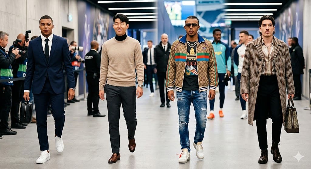 Foto realistik empat pesepakbola global berjalan beriringan di terowongan stadion modern, memamerkan berbagai gaya hidup dan mode pria modern. Dari kiri, pemain dengan setelan jas navy dan sneakers putih (gaya luxury streetwear), diikuti pemain dengan sweter turtleneck beige dan celana kain (gaya sartorial elegance), kemudian pemain dengan jaket varsity desainer, jins distressed, dan sepatu kets (gaya sneakerhead), dan di paling kanan pemain dengan mantel panjang bermotif dan tas jinjing (gaya avant-garde high-fashion). Latar belakang lorong stadion buram dengan staf dan pencahayaan modern.