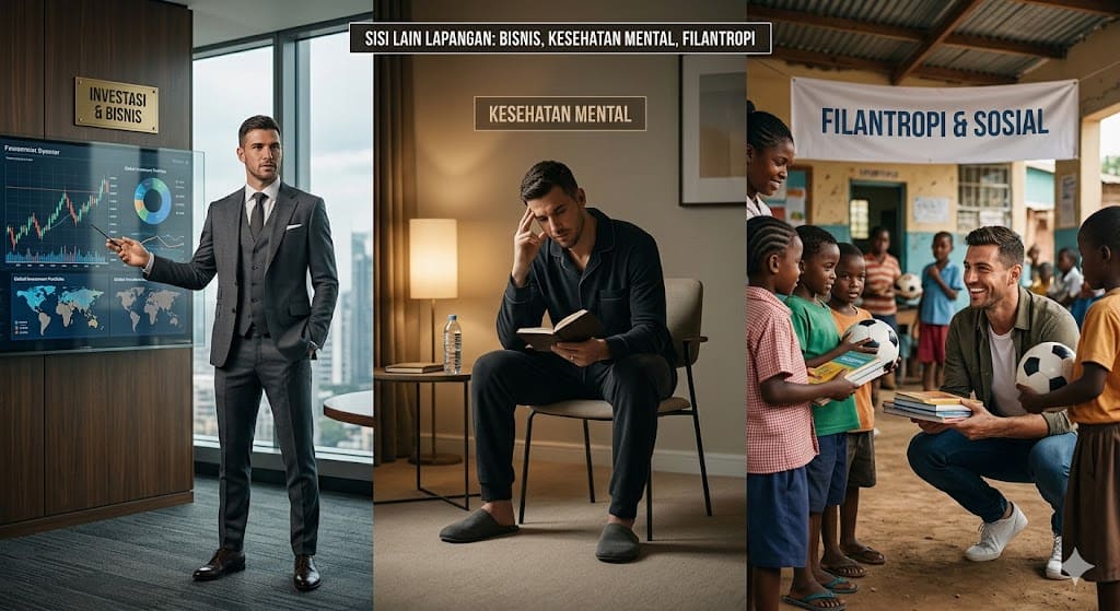 Kolase foto tiga panel yang menunjukkan sisi lain lapangan pemain sepakbola profesional. Panel kiri memperlihatkan pemain sepakbola mengenakan jas formal saat mempresentasikan grafik investasi di ruang rapat bisnis. Panel tengah memperlihatkan pemain yang sama sedang duduk santai membaca buku dan merenung untuk kesehatan mental. Panel kanan memperlihatkan pemain tersebut tersenyum ramah sambil membagikan buku dan bola kepada anak-anak dalam aksi filantropi sosial.